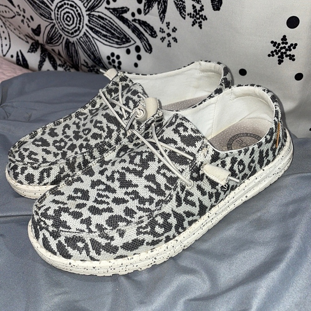 Women’s Hey Dude shoes, leopard print, size 8